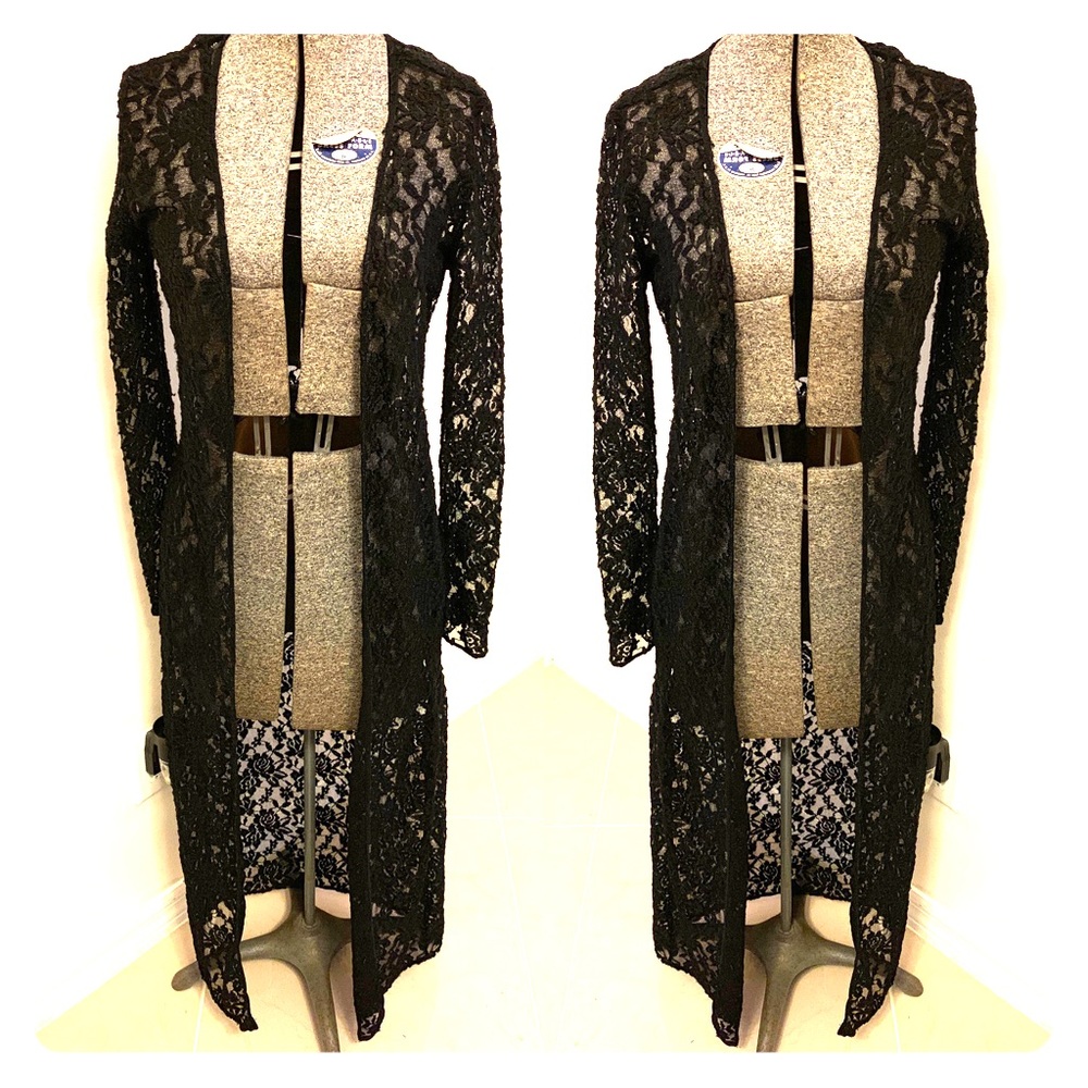 Full length long black lace cardigan duster robe